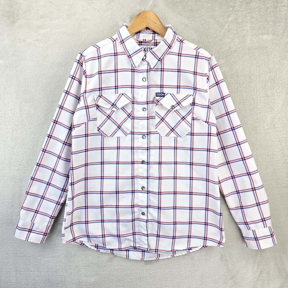 Dixxon Flannel Company Cross Check Shirt Womens Large White Red Blue Pearl Snap